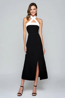 Load image into Gallery viewer, Black and White Halter Sheath Tea Length Formal Dress with Slit