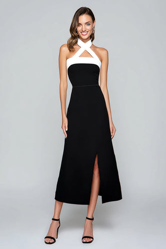 Black and White Halter Sheath Tea Length Formal Dress with Slit