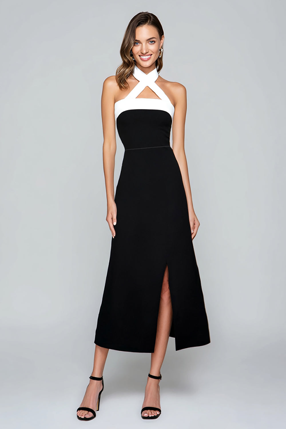 Black and White Halter Sheath Tea Length Formal Dress with Slit