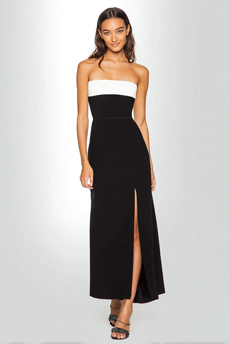 Black and White Sheath Strapless Ankle Length Formal Dress with Slit
