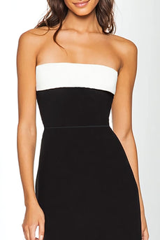 Black and White Sheath Strapless Ankle Length Formal Dress with Slit