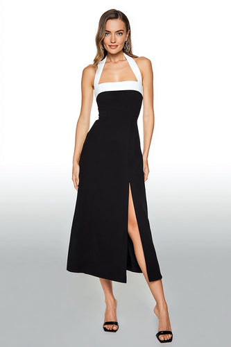 Black and White Tea Length Sheath Halter Formal Dress with Slit