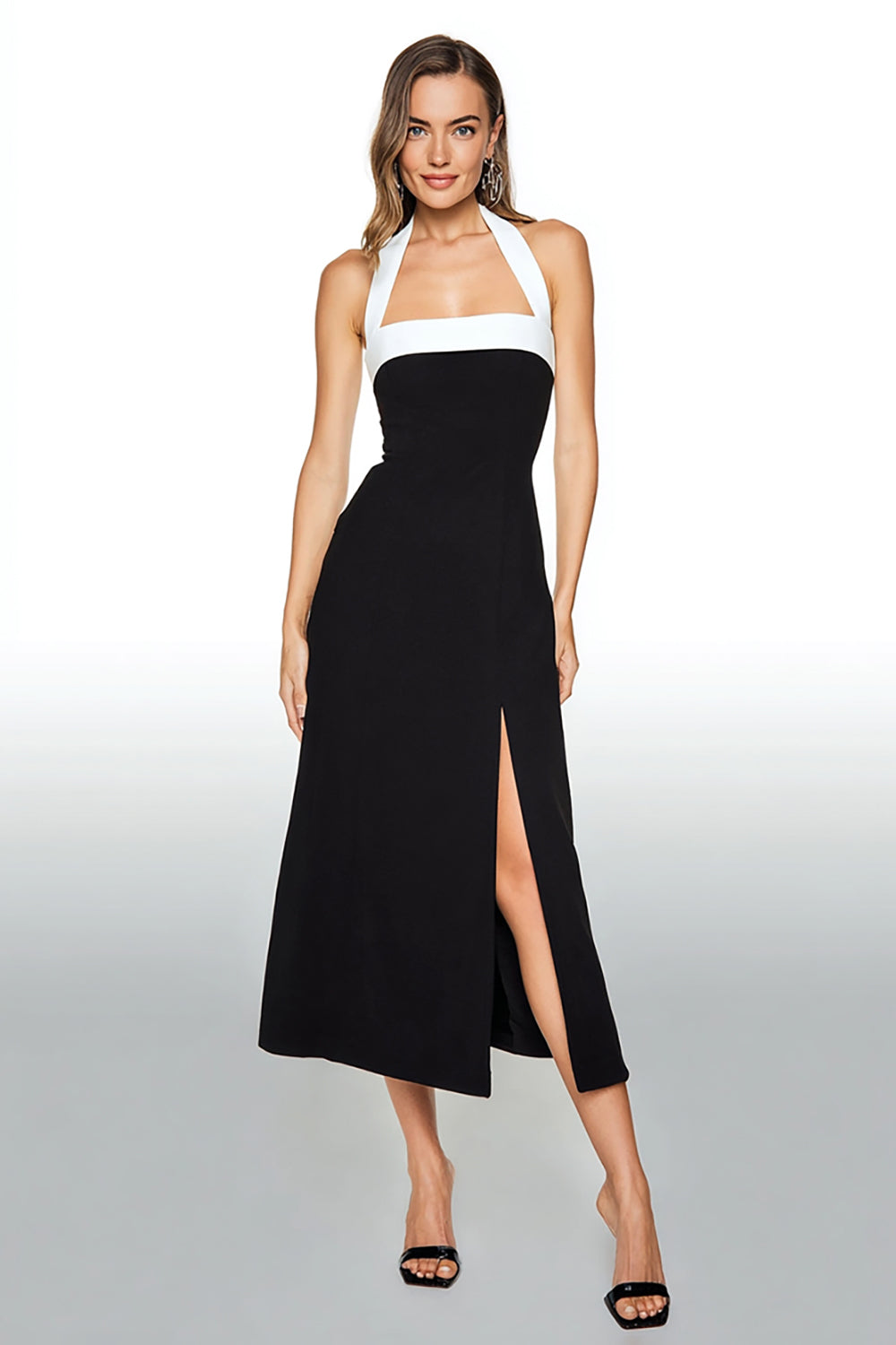 Black and White Tea Length Sheath Halter Formal Dress with Slit