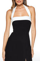 Load image into Gallery viewer, Black and White Tea Length Sheath Halter Formal Dress with Slit