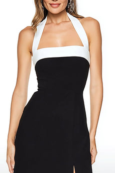 Black and White Tea Length Sheath Halter Formal Dress with Slit