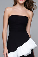 Load image into Gallery viewer, Black and White Sheath Ruffled Strapless Long Formal Dress