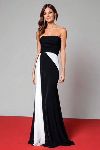 Black and White Mermaid Ruched Strapless Long Formal Dress