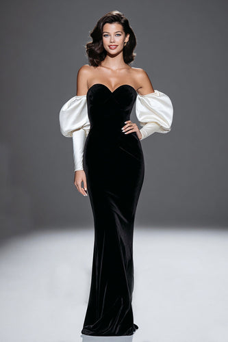 Black and White Sweetheart Velvet Mermaid Long Formal Dress with Sleeves