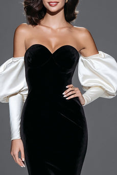 Black and White Sweetheart Velvet Mermaid Long Formal Dress with Sleeves