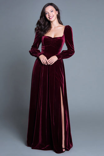 Burgundy Velvet Long Sleeves A-Line Long Holiday Party Dress with Slit