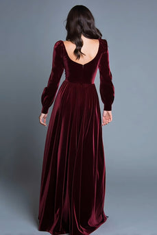 Burgundy Velvet Long Sleeves A-Line Long Holiday Party Dress with Slit