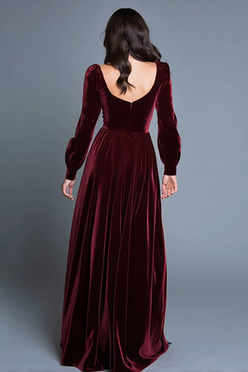 Burgundy Velvet Long Sleeves A-Line Long Holiday Party Dress with Slit