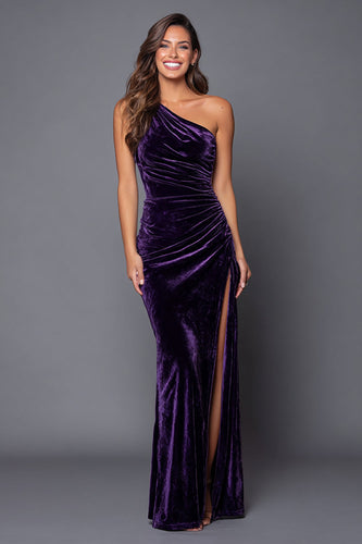 Plum Mermaid One Shoulder Velvet Long Holiday Party Dress with Slit