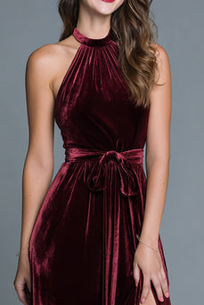 Burgundy Velvet A-Line Halter Long Holiday Party Dress with Slit