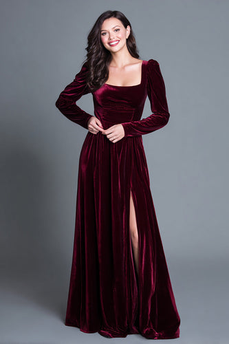 Burgundy Velvet A-Line Long Sleeves Long Holiday Party Dress with Slit