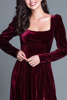 Burgundy Velvet A-Line Long Sleeves Long Holiday Party Dress with Slit