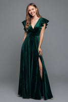 Load image into Gallery viewer, Dark Green Velvet V-Neck A-Line Long Holiday Party Dress with Slit