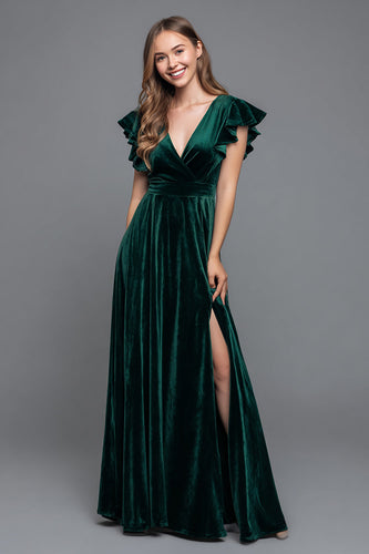 Dark Green Velvet V-Neck A-Line Long Holiday Party Dress with Slit