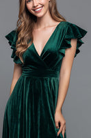Load image into Gallery viewer, Dark Green Velvet V-Neck A-Line Long Holiday Party Dress with Slit