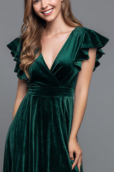 Dark Green Velvet V-Neck A-Line Long Holiday Party Dress with Slit