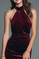 Load image into Gallery viewer, Burgundy Mermaid Halter Velvet Ruched Long Holiday Party Dress with Slit