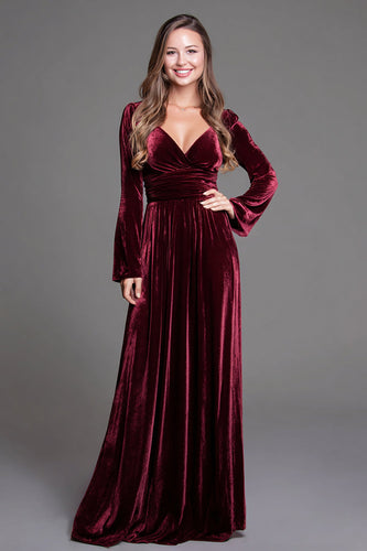 Burgundy Velvet V-Neck A-Line Long Holiday Party Dress with Sleeves