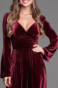Burgundy Velvet V-Neck A-Line Long Holiday Party Dress with Sleeves