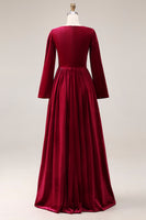 Load image into Gallery viewer, Burgundy Velvet V-Neck A-Line Long Holiday Party Dress with Sleeves