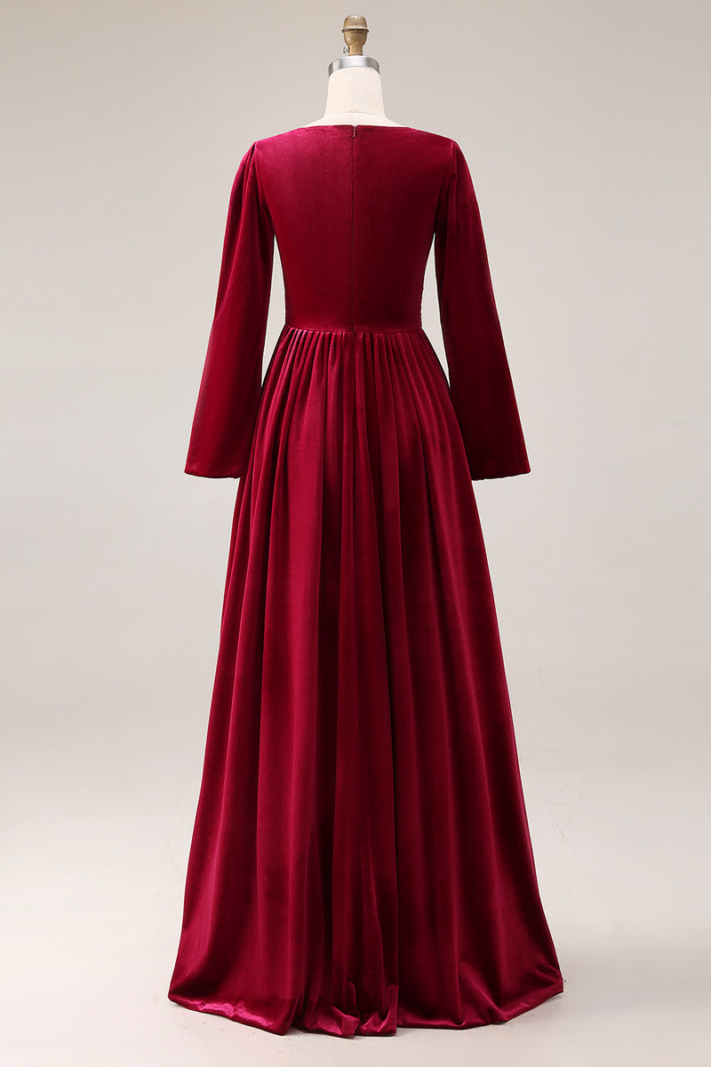Load image into Gallery viewer, Burgundy Velvet V-Neck A-Line Long Holiday Party Dress with Sleeves
