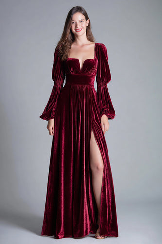 Burgundy A-Line Puff Sleeves Velvet Long Holiday Party Dress with Slit