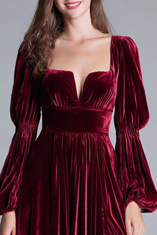 Burgundy A-Line Puff Sleeves Velvet Long Holiday Party Dress with Slit