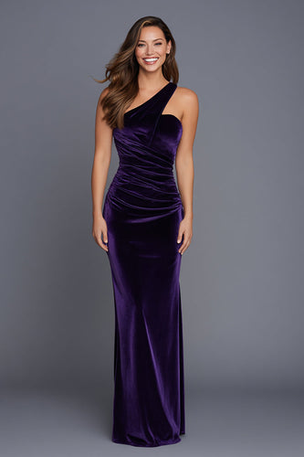 Plum Mermaid One Shoulder Velvet Ruched Long Holiday Party Dress