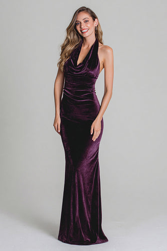 Plum Mermaid Halter Velvet Ruched Long Holiday Party Dress