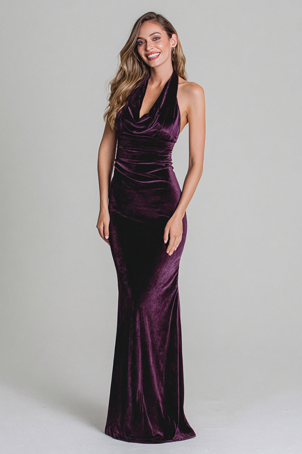 Plum Mermaid Halter Velvet Ruched Long Holiday Party Dress
