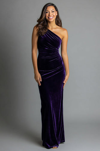 Plum Velvet Mermaid One Shoulder Ruched Long Holiday Party Dress