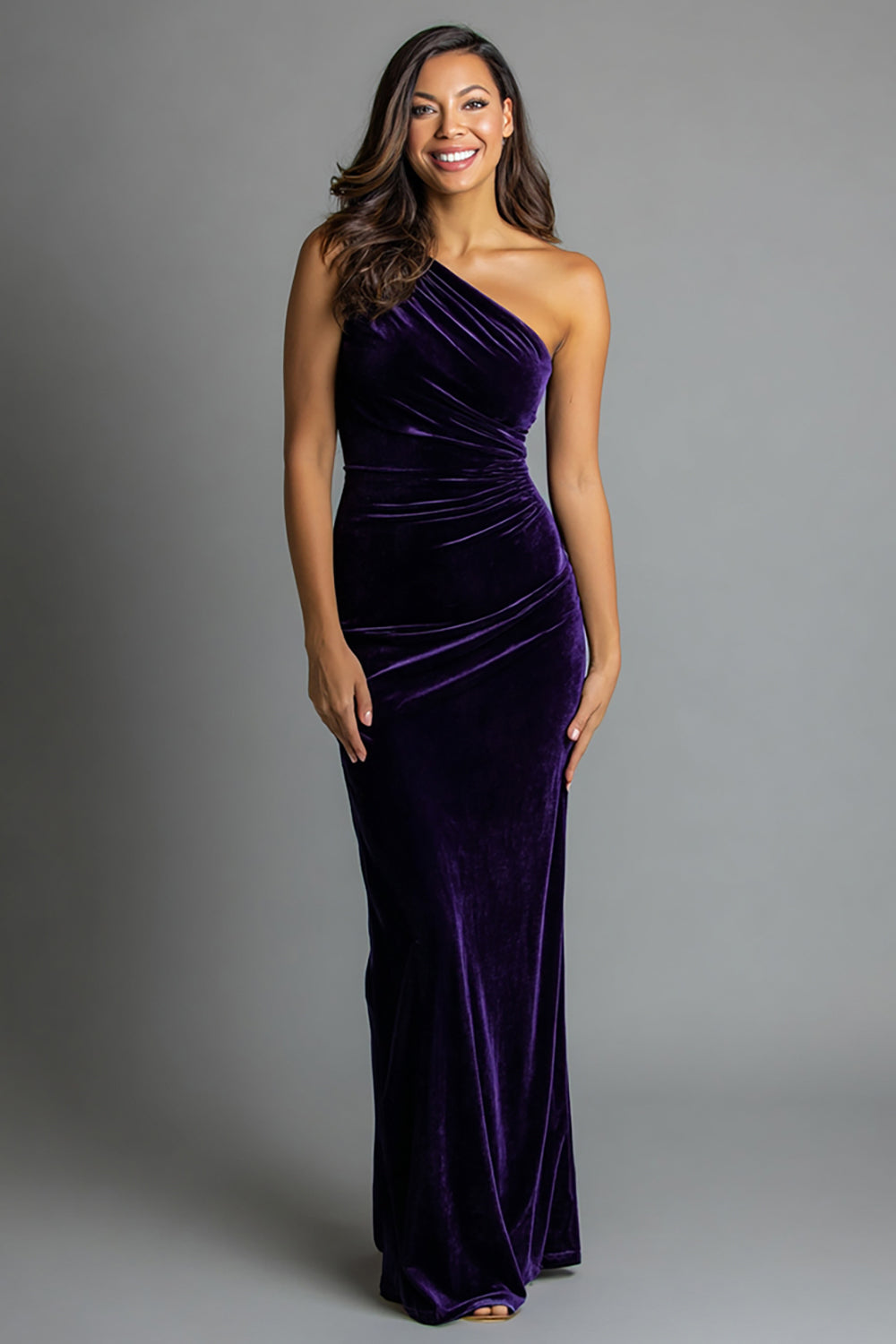 Plum Velvet Mermaid One Shoulder Ruched Long Holiday Party Dress