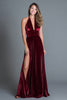 Load image into Gallery viewer, Burgundy Velvet Halter A-Line Long Holiday Party Dress with Slit