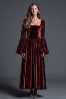 Load image into Gallery viewer, Burgundy A-Line Velvet Long Sleeves Ankle Length Holiday Party Dress