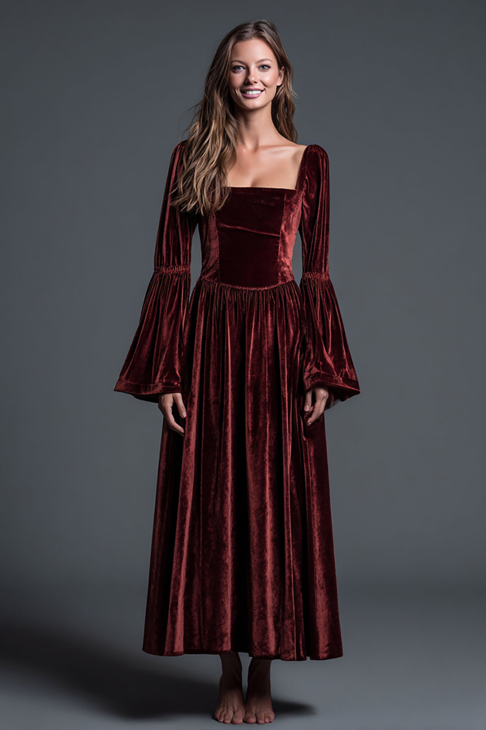 Burgundy A-Line Velvet Long Sleeves Ankle Length Holiday Party Dress