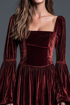 Burgundy A-Line Velvet Long Sleeves Ankle Length Holiday Party Dress