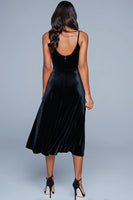 Load image into Gallery viewer, Black Velvet Spaghetti Straps A-Line Tea Length Holiday Party Dress