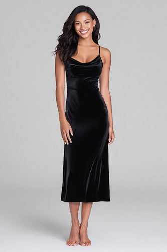 Black Velvet Spaghetti Straps Sheath Tea Length Holiday Party Dress