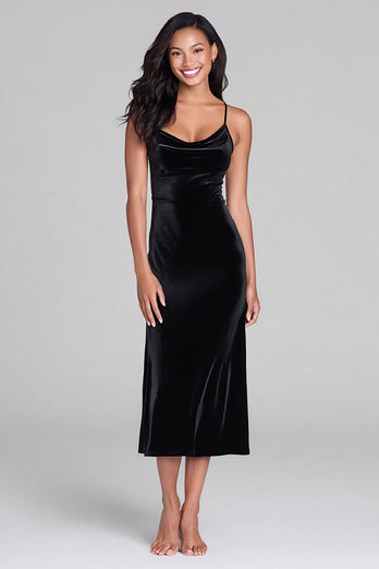 Black Velvet Spaghetti Straps Sheath Tea Length Holiday Party Dress