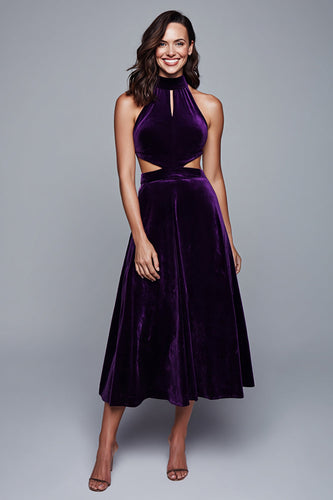 Plum Velvet Halter Cut-Out A-Line Tea Length Holiday Party Dress
