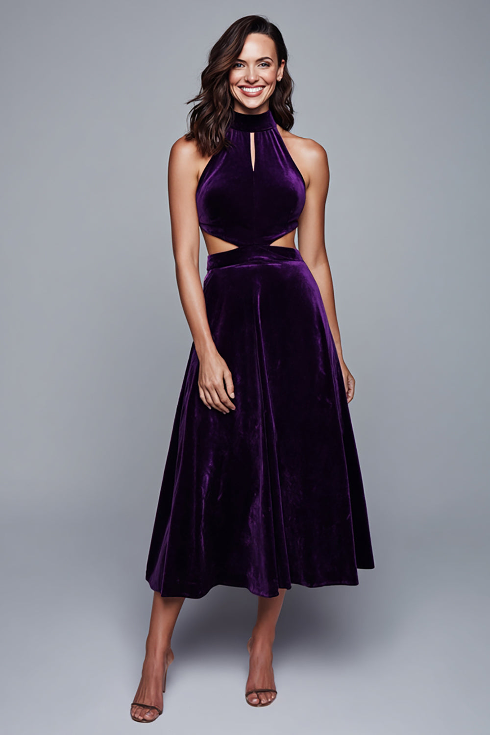 Plum Velvet Halter Cut-Out A-Line Tea Length Holiday Party Dress