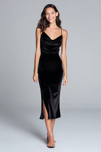 Black Velvet Spaghetti Straps Tea Length Holiday Party Dress with Slit