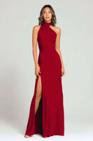 Load image into Gallery viewer, Burgundy Sheath Halter Long Formal Dress with Slit