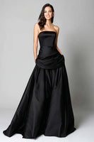 Load image into Gallery viewer, Black Satin Strapless A-Line Ruched Long Formal Dress
