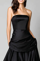 Load image into Gallery viewer, Black Satin Strapless A-Line Ruched Long Formal Dress