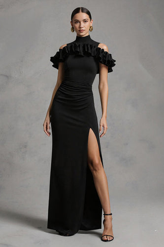 Black Mermaid High Neck Satin Long Formal Dress with Ruffles
